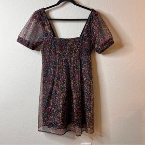 Wild Fable Black Floral Puff Sleeve Baby Doll Mini Dress Size Medium Square Neck